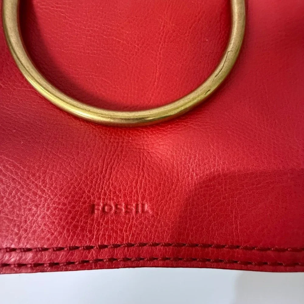 Fossil Red Leather Crossbody Bag D-Ring Handle Gold Key Charm Small Satchel